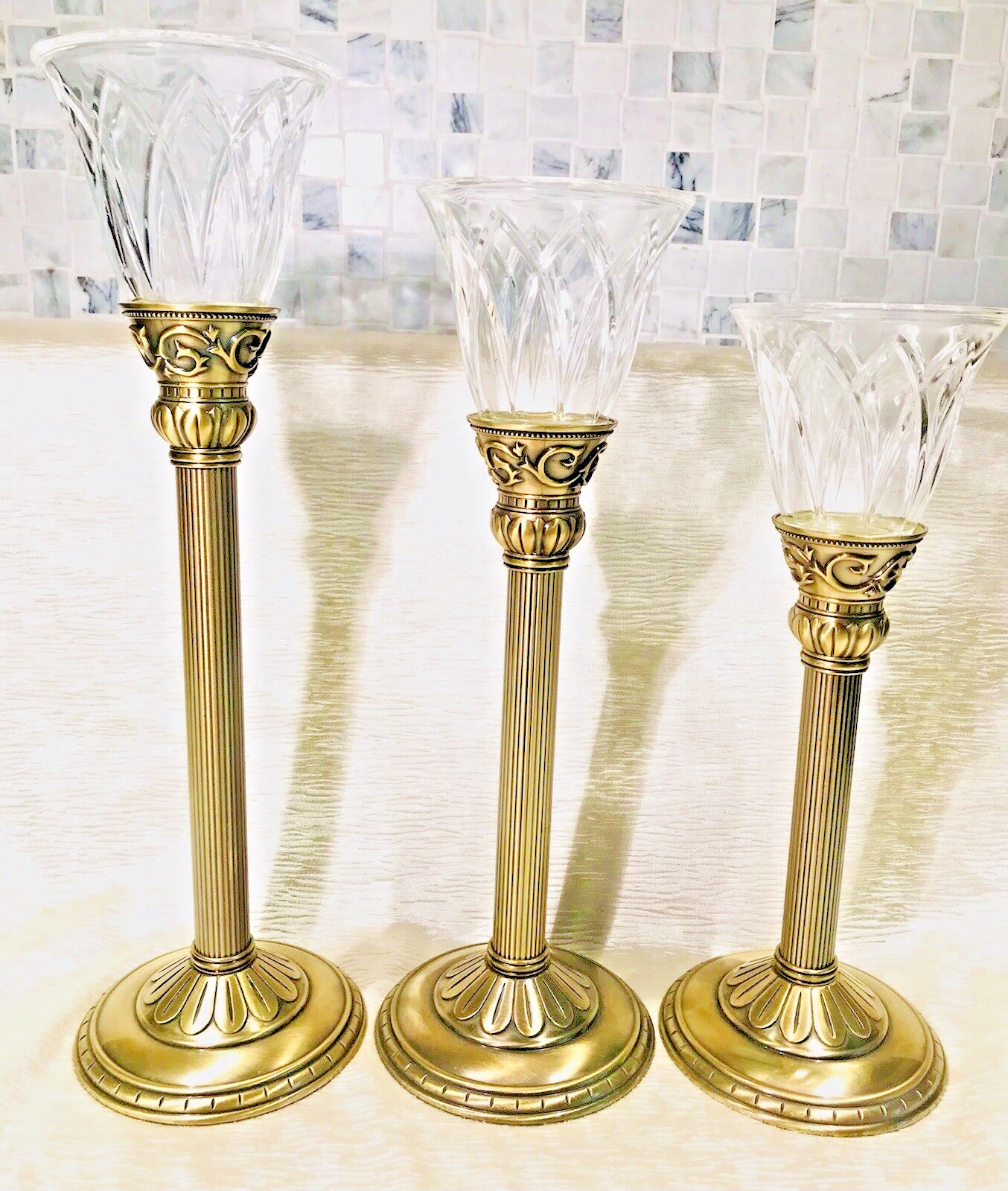 PartyLite Classic Creations Satin Gold Taper Candle Holder Set of 3 w/ Votives