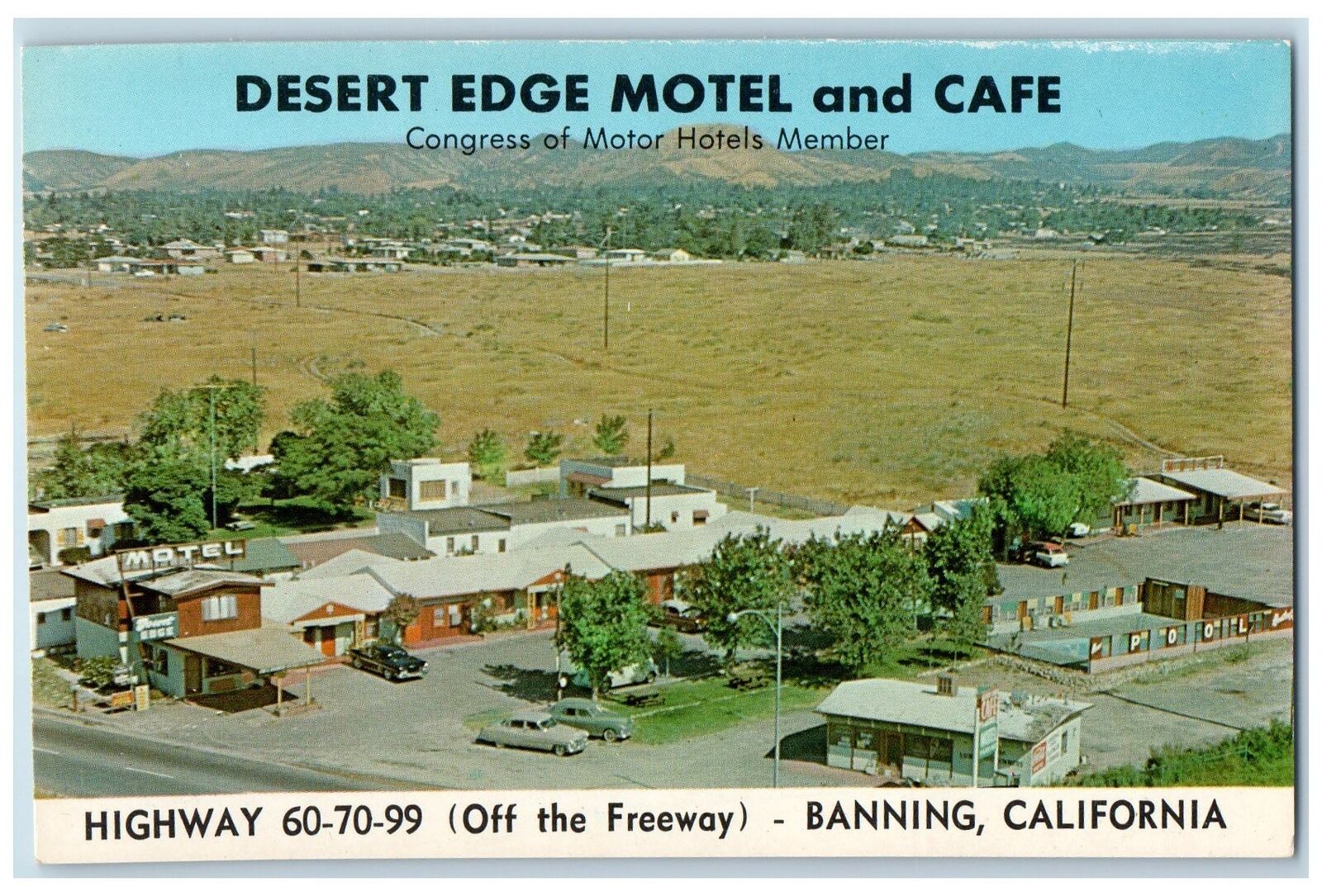 c1960 Desert Edge Motel Cafe Highway Restaurant Aerial View Banning CA Postcard