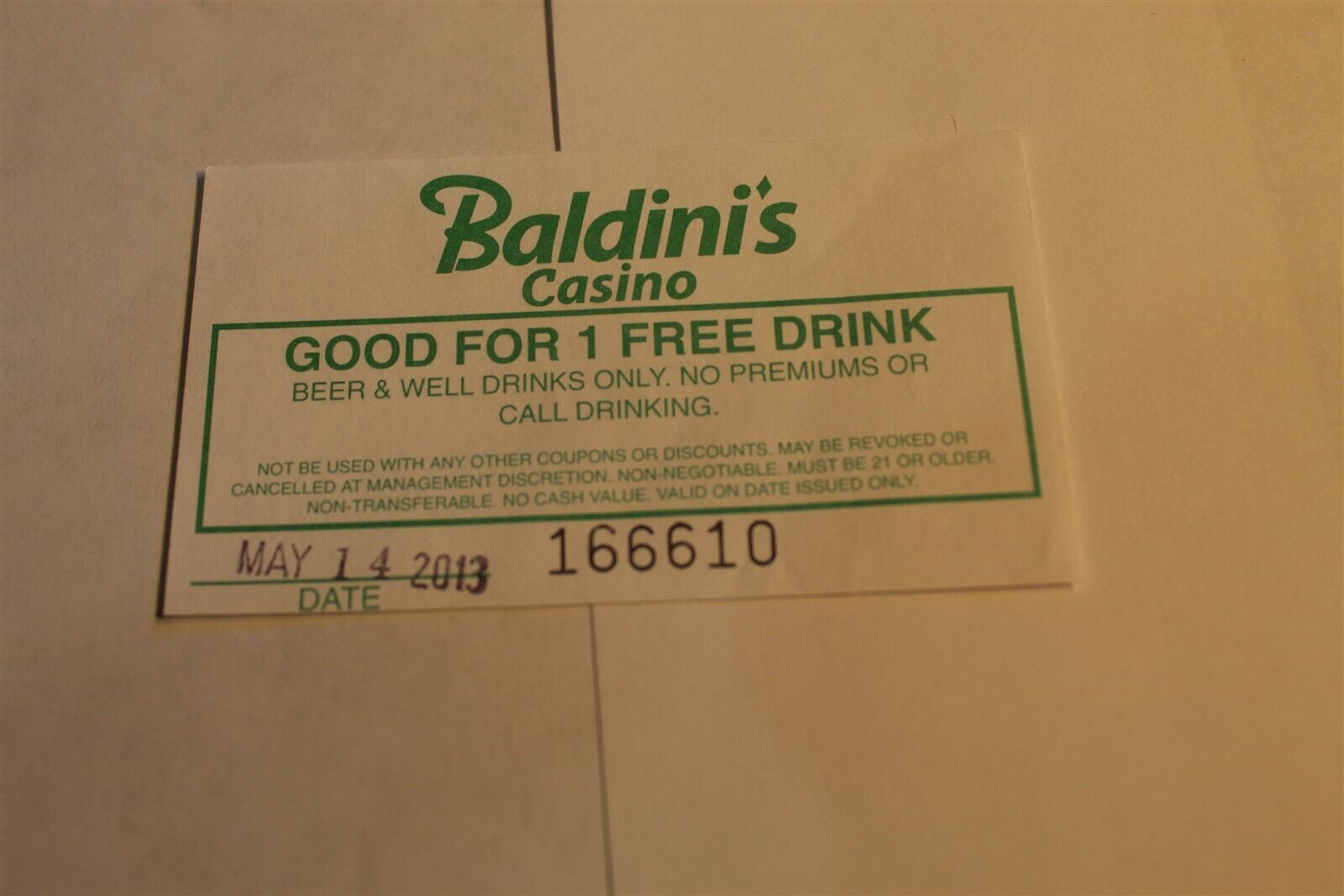 BALDINI\'S CASINO -2013 GOOD FOR ONE FREE DRINK COUPON SPARKS NEVADA 