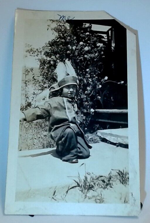 Vintage B&W Photo Kneeling Indian Chief Costumed Kid