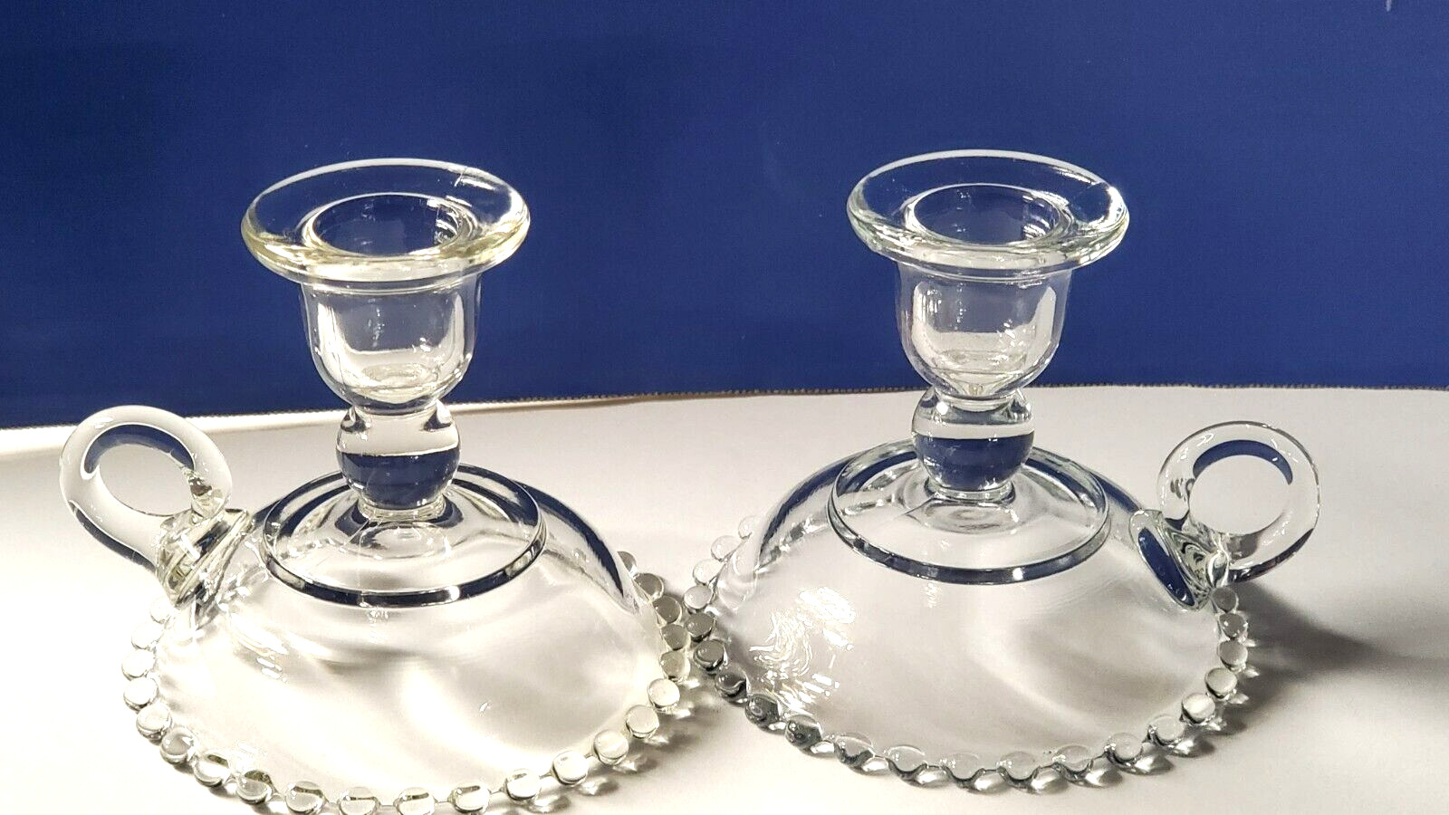Imperial Candlewick Candle Holders Handled Thumb Ring Vintage Glass