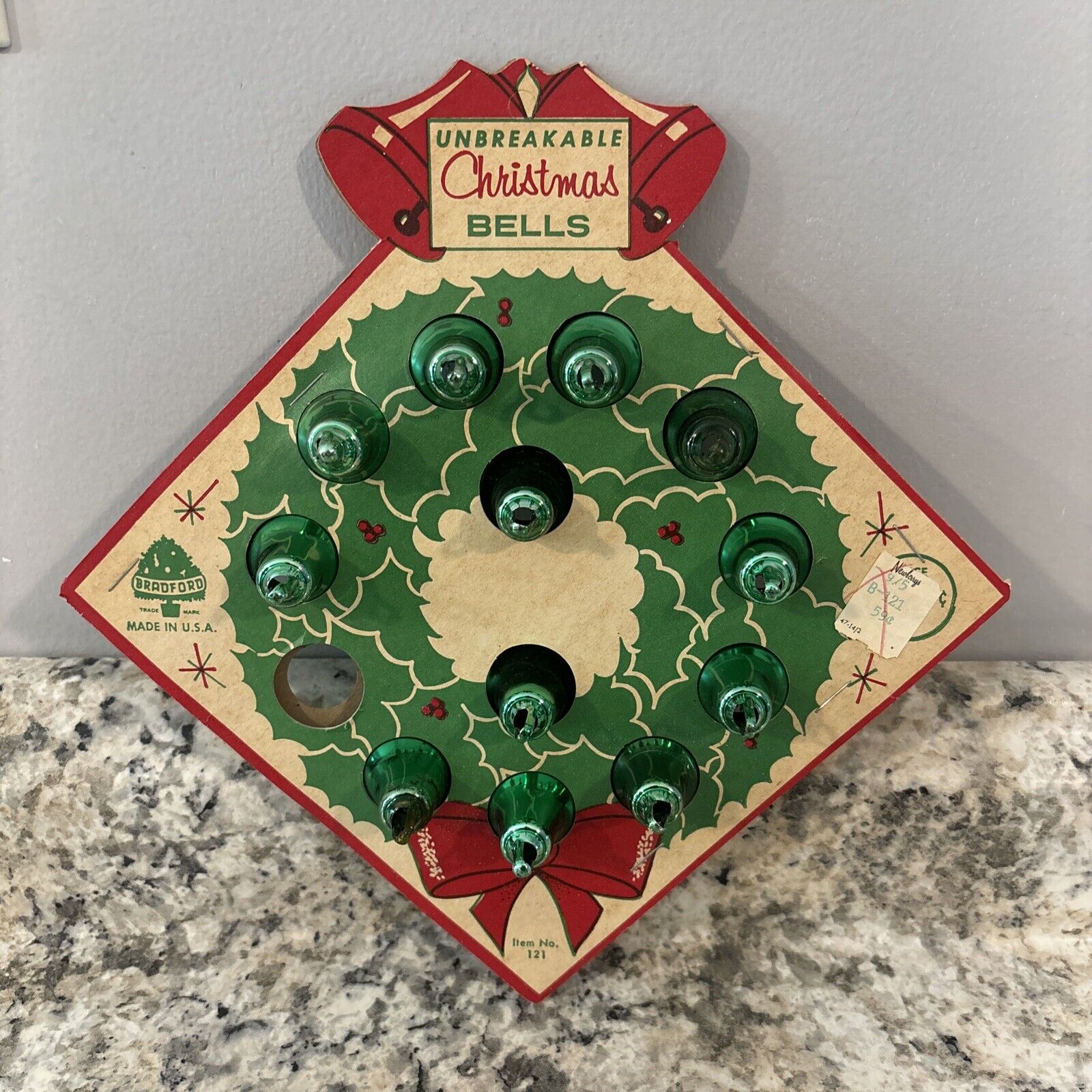 Vintage Bradford Unbreakable Christmas Ornament Bells Green