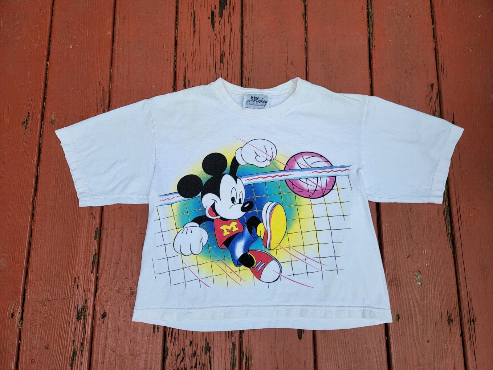 90s Vintage Mickey Mouse T Shirt Single stitch Cropped Size Medium Volleyball 