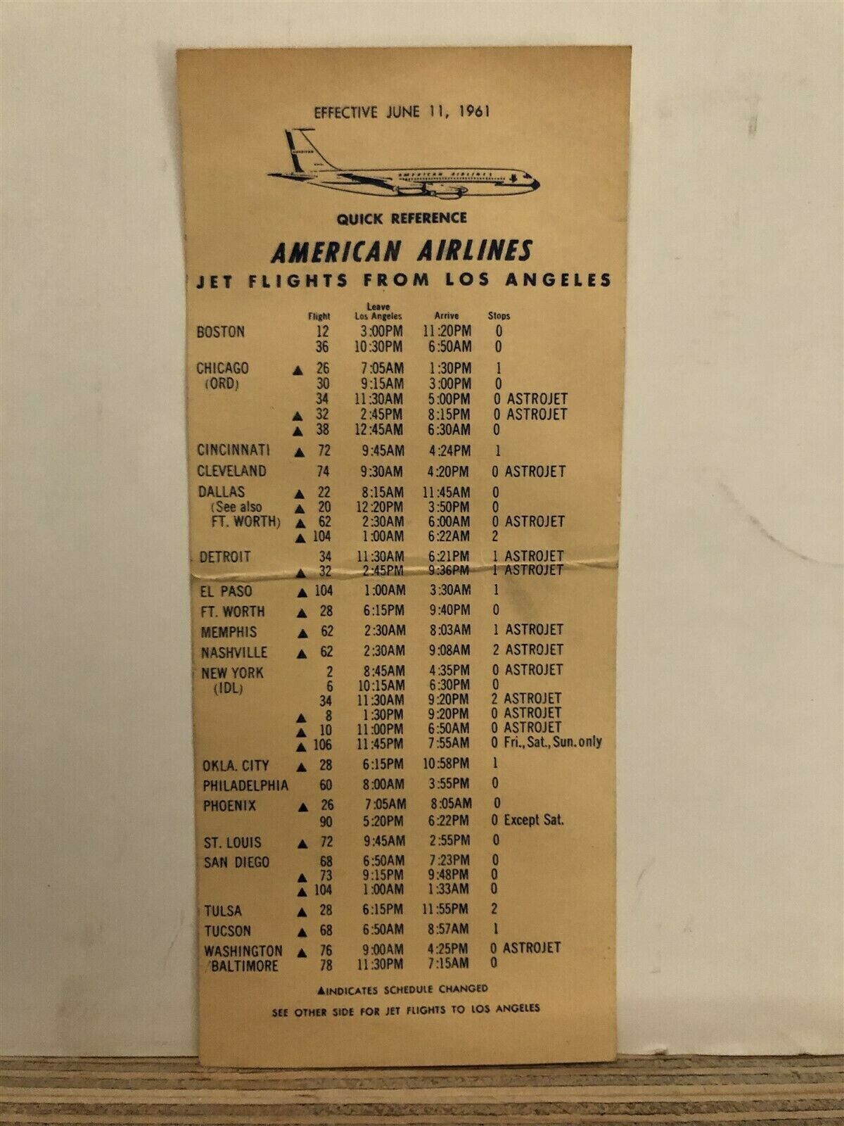 June 11th 1961 American Airlines Los Angeles Flight Schedule Vtg