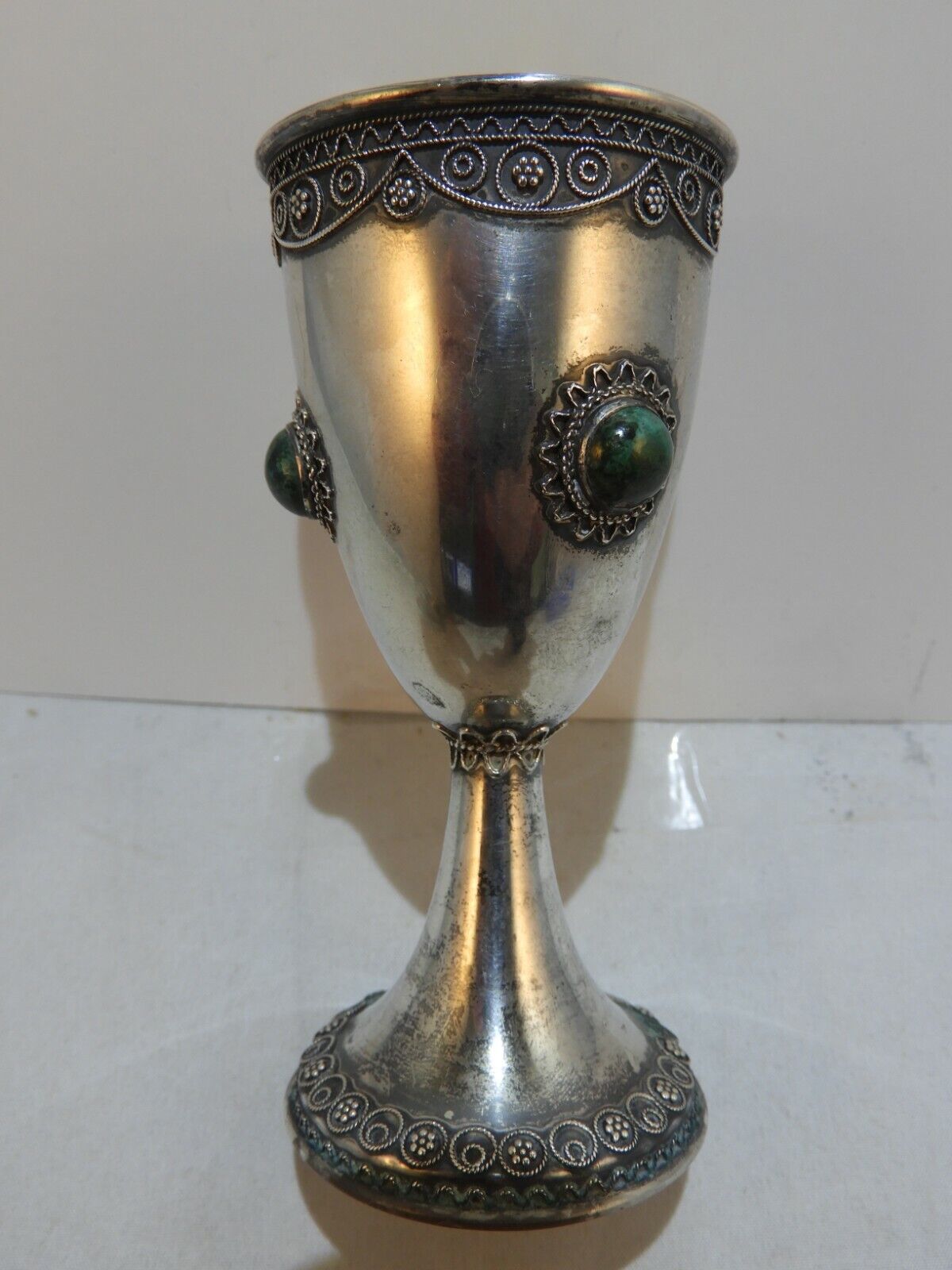 VIntage Zadok 925 Sterling Silver Judaica Filigree 3 Eilat Stone Kiddush Cup 65g