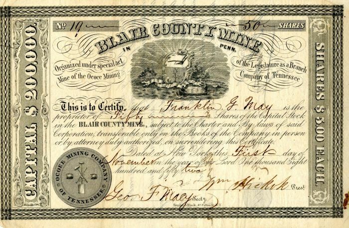 Blair County Mine signed by Wm. Hickok - Autographed Stocks & Bonds