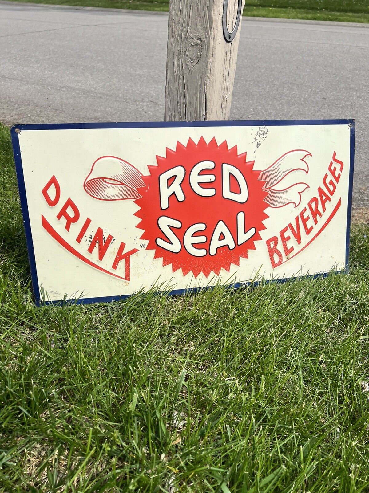 c.1950s rare Drink RED SEAL Soda tin sign Original Embossed  12x24 graphics