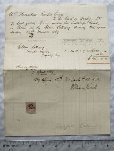 1869 invoice with revenue coal Elton Colliery Earl of Derby's land
