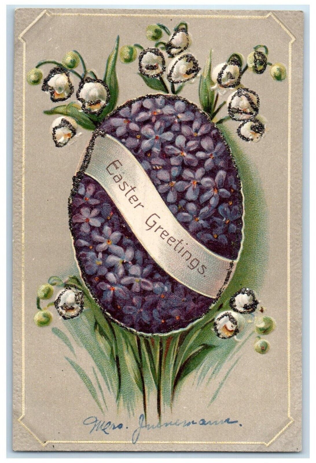 c1910's Easter Greetings Egg Flowers Glitter Embossed Posted Antique Postcard