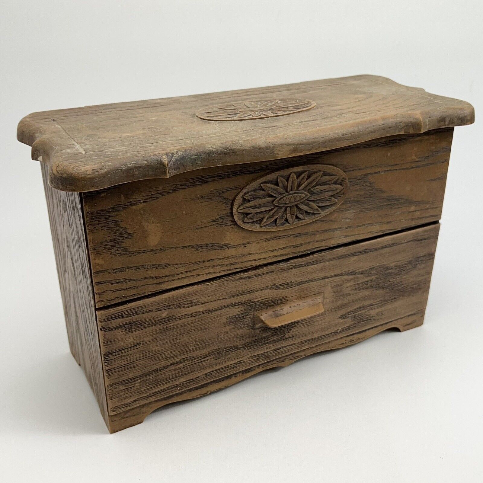 Vintage Lerner Wood Grain Plastic Sewing Trinket Box w/ Drawer 12.5x8x5 Inch
