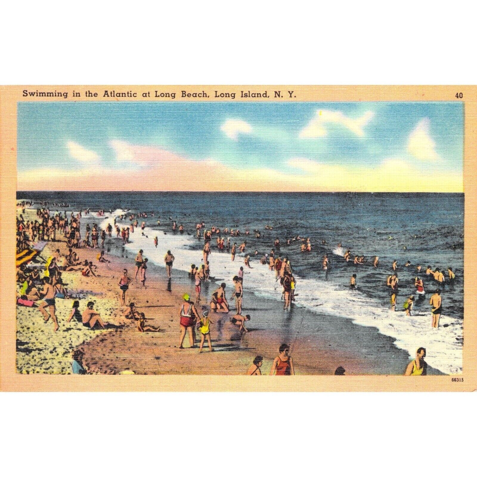 Vtg Postcard Swimming in the Atlantic at Long Beach Long Island NY c1940s NOS