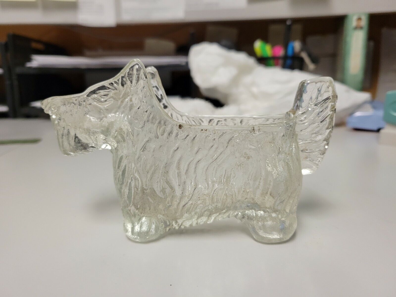 VINTAGE 1930S SCOTTISH TERRIER OR WESTIE DOG GLASS CANDY CONTAINER-5 1/4 LONG