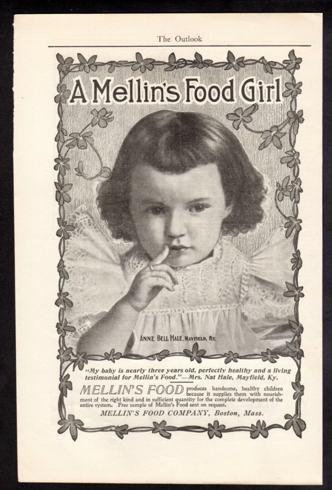 Vintage advertisement print ad 1899 Mellin\'s Food Anne Bell Hale Mayfield Ky ad