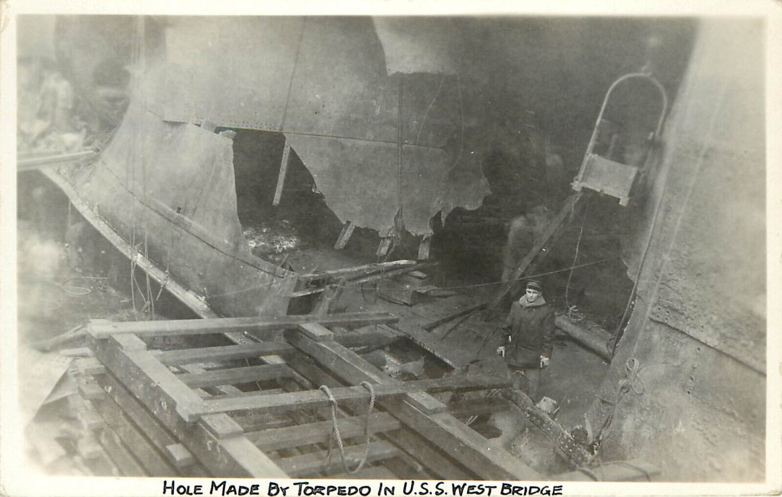 RPPC Postcard USS West Bridge ID 2888 WWI Cargo Ship Damage From Torpedo