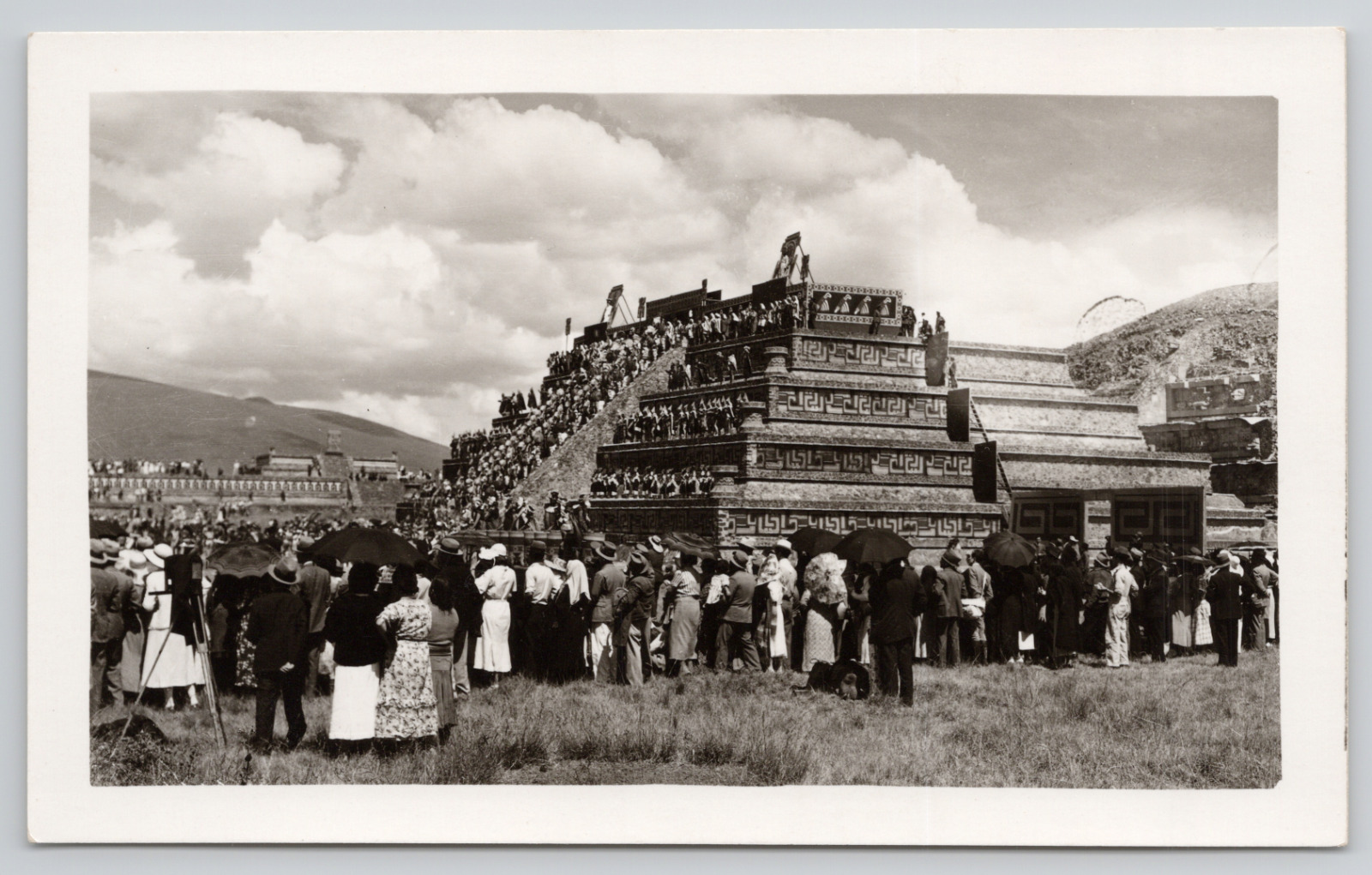 Real Photo Postcard Crowd at Temple of Quetzalcoatl Teotihuacan Mexico RPPC