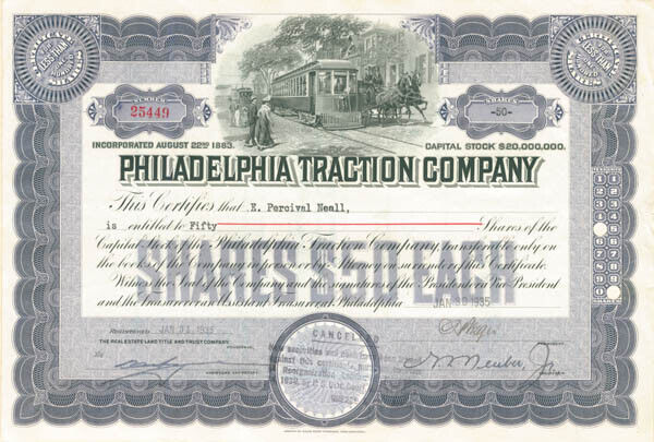 Philadelphia Traction Co. - Stock Certificate - Railroad Stocks