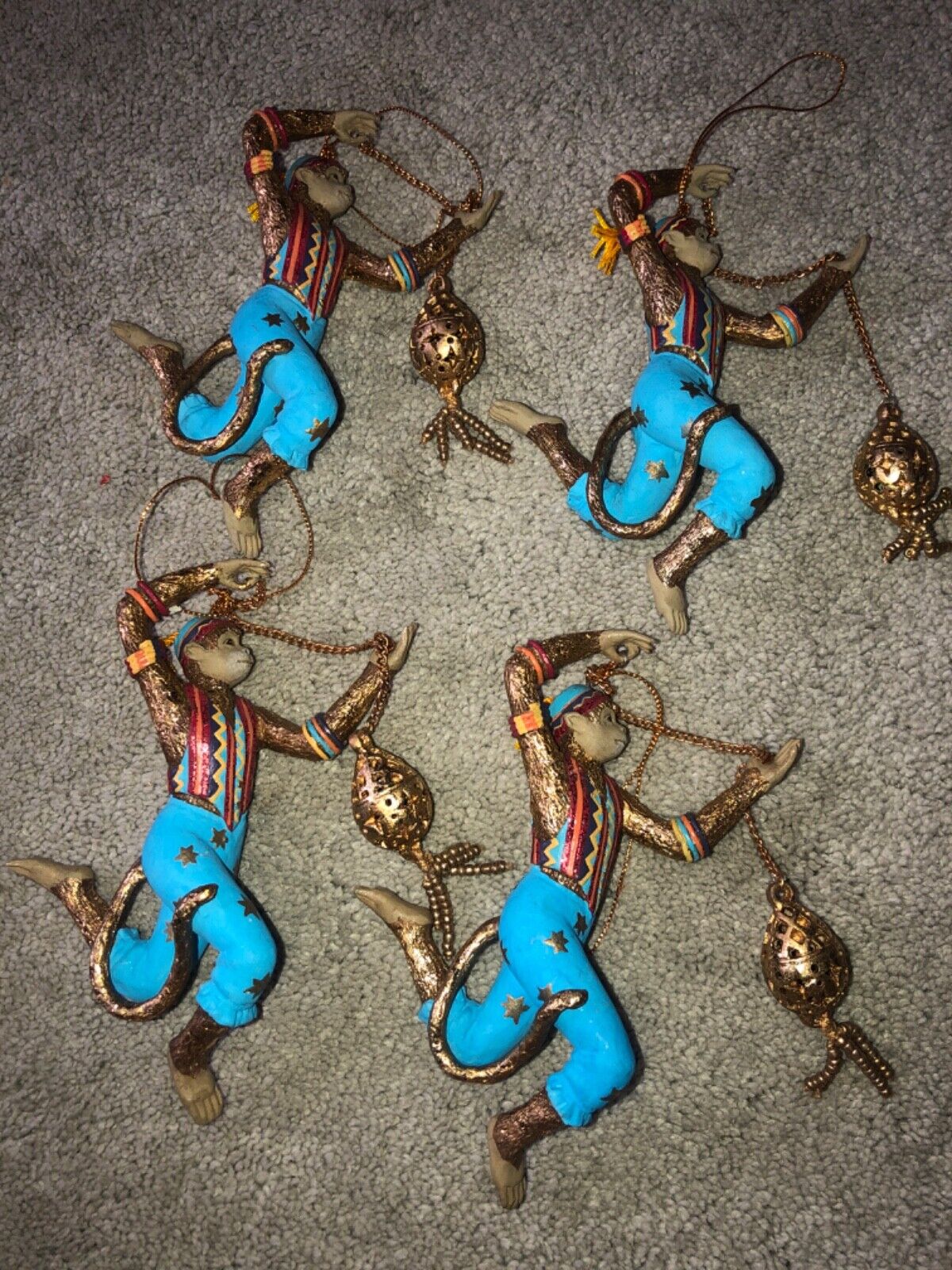 Vintage Monkey Christmas Ornaments Lot (4) Turquoise, gold color￼