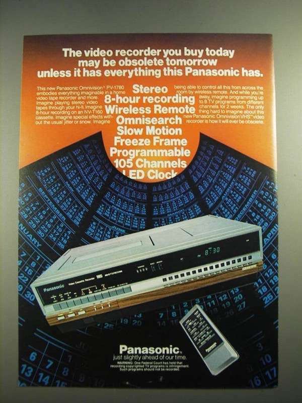 1982 Panasonic Omnivision PV-1780 Video Cassette Recorder Ad