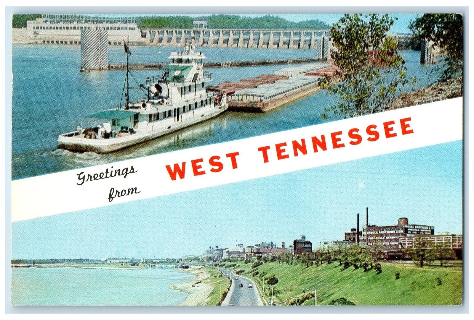 1963 Greetings From West Tennessee Dam & Lock Riverside Drive Tennessee Postcard