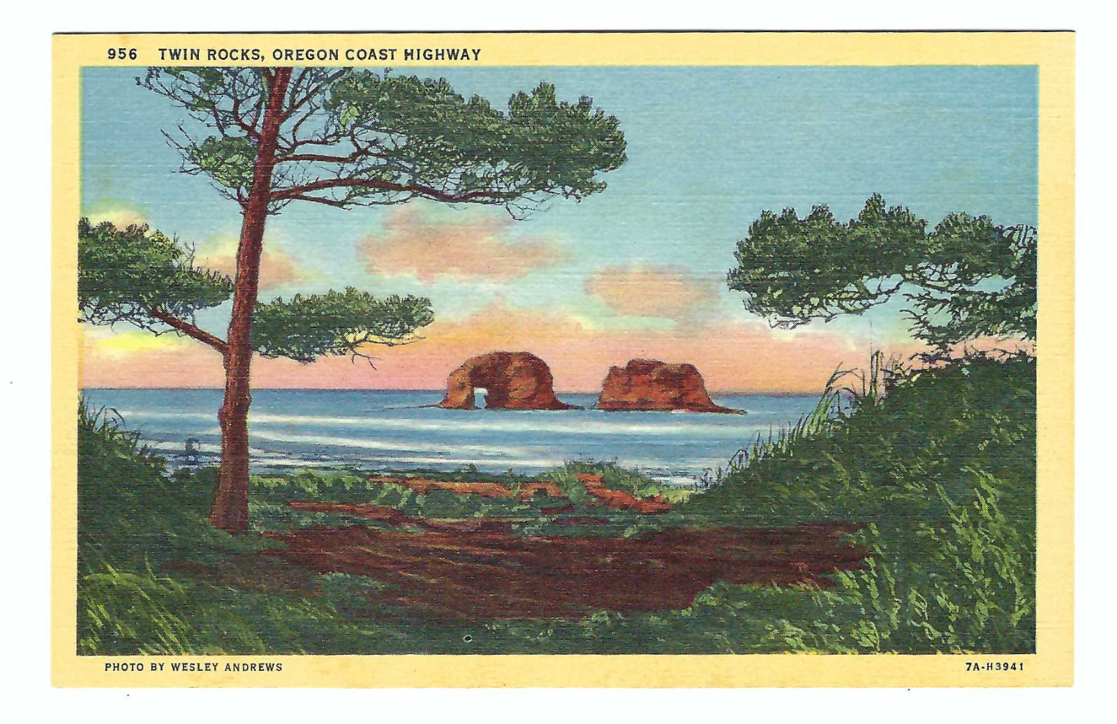 Twin Rocks Oregon Coast Highway Vintage Linen Postcard