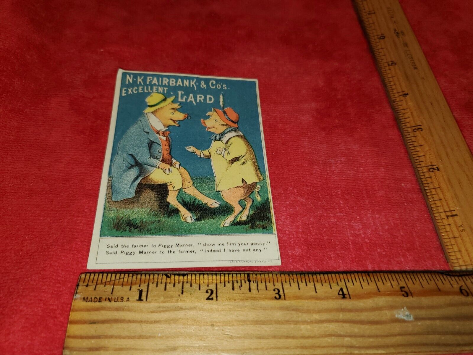 VICTORIAN TRADE CARD OF TWO WELL DRESSED PIGS FOR NK FAIRBANK CO EXCELLENT LARD
