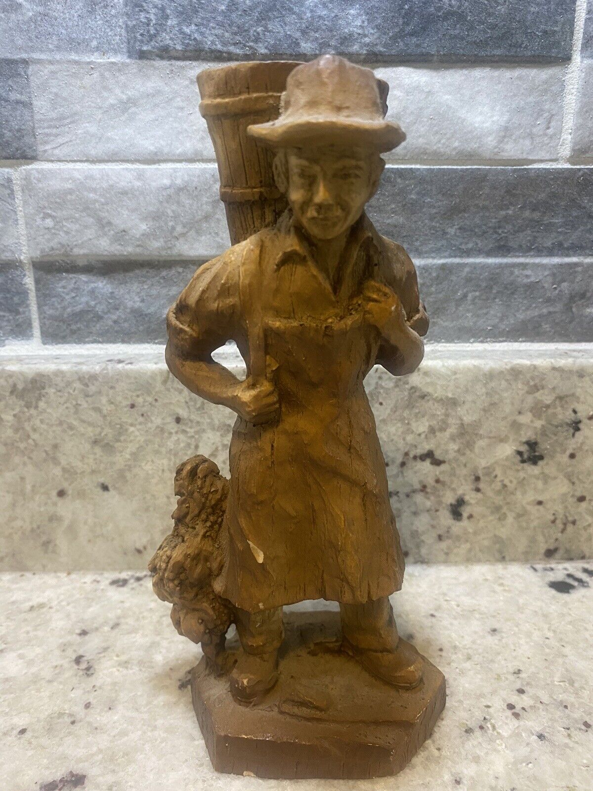 Vintage Wooden Hand Carved Man Carrying Barrel 8 Inch Figurine