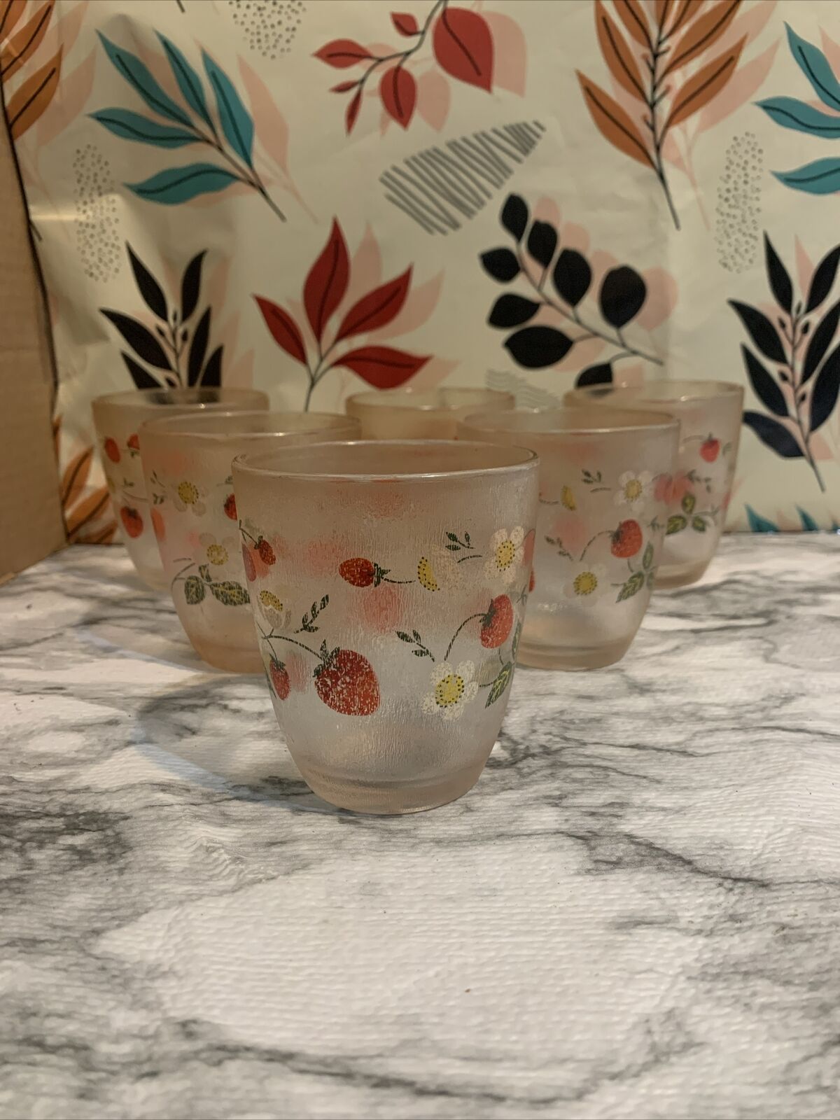 Vintage HJ Stotter Strawberry Pattern Juice Glasses Set Of 6