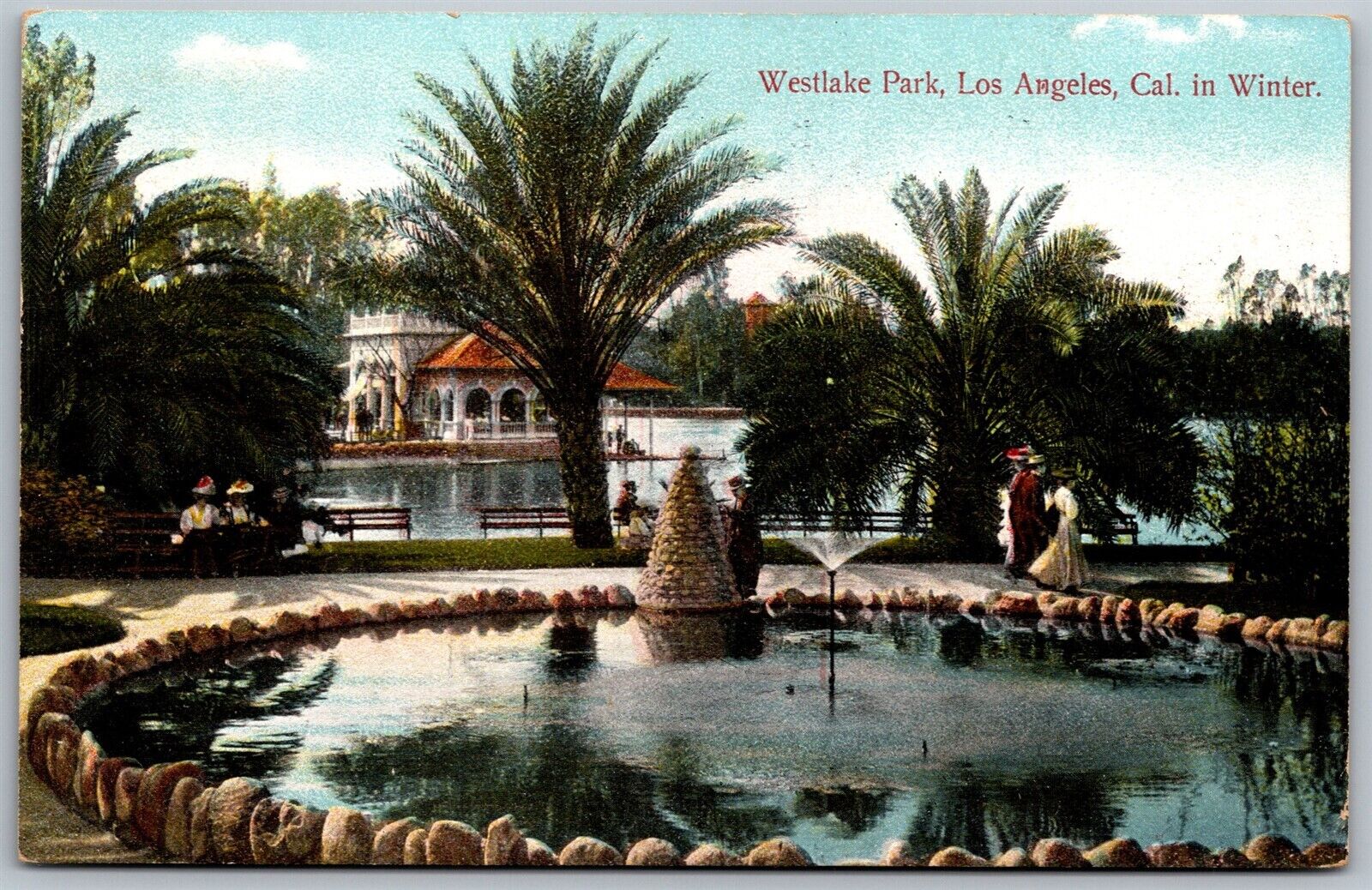 Vtg Los Angeles California CA Westlake Park Fountain & Boat House 1909 Postcard