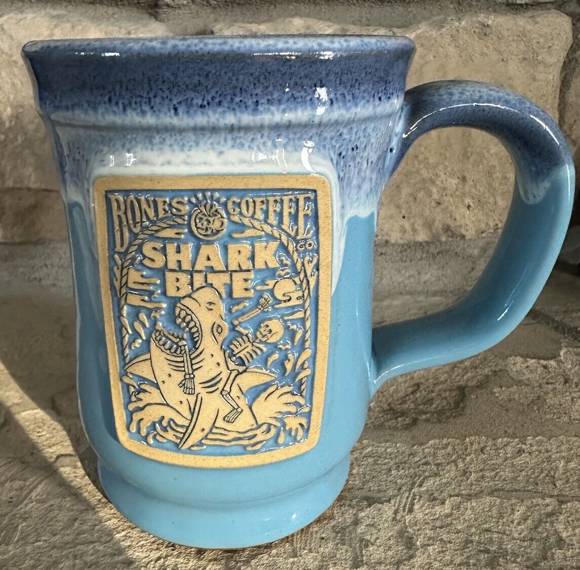 Bones Coffee Company Deneen Pottery Blue 2023 Shark Bite Coffee Tea Mug