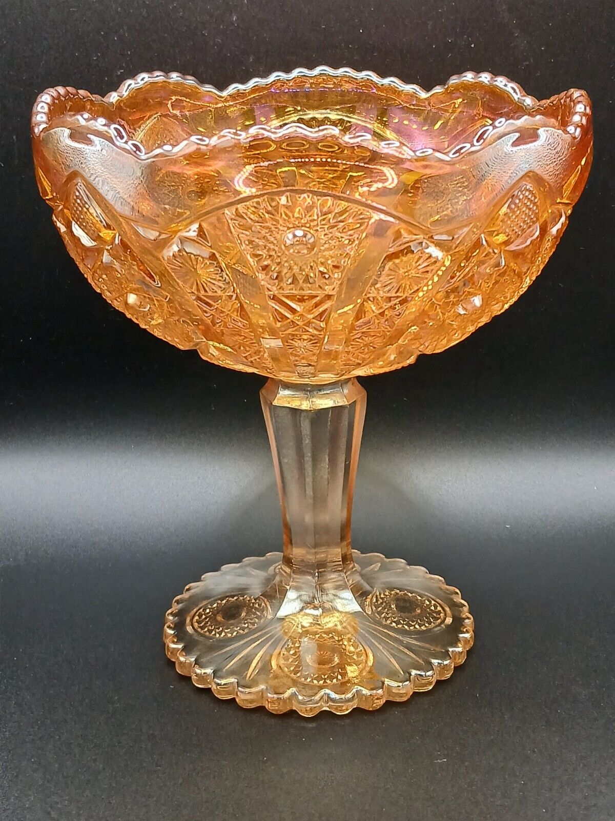 Vintage Imperial Glass Marigold Carnival Glass Hobstar Pedestal Candy Compote 