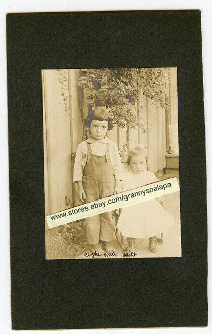 Antique Matted Photo-RISHELL Family Little Boy & Girl, Clyde / Overalls & Alice