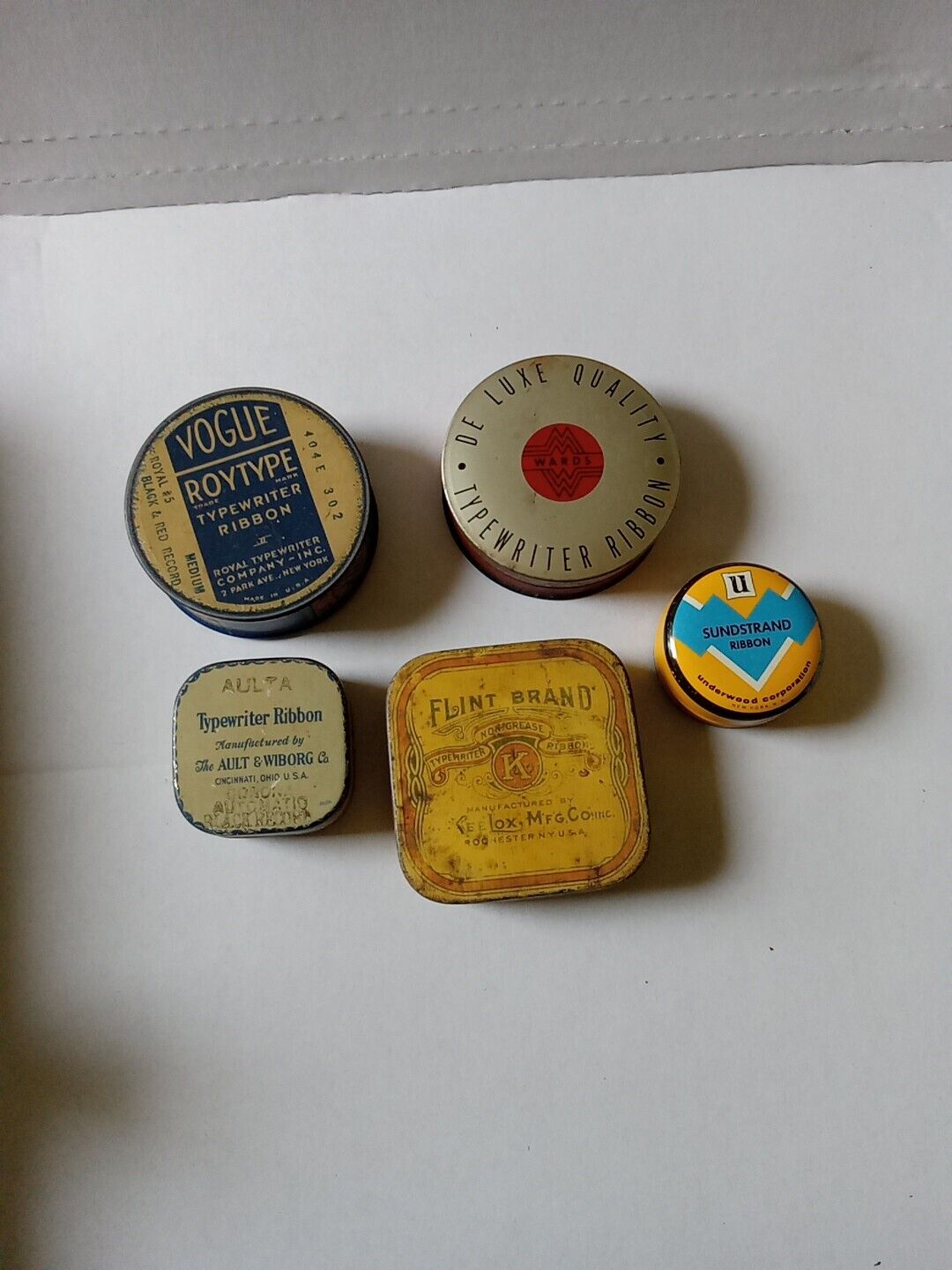 5 Vintage  Typewriter  Ribbons Tins Aulta,vogue, Flint,Remington Sundstrand