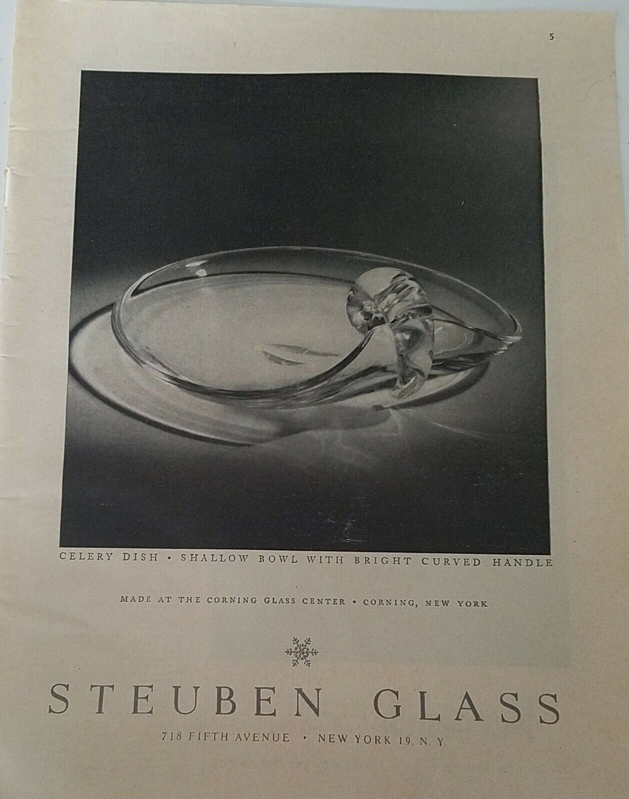 1952 Corning New York Steuben glass celery dish curved handle vintage ad