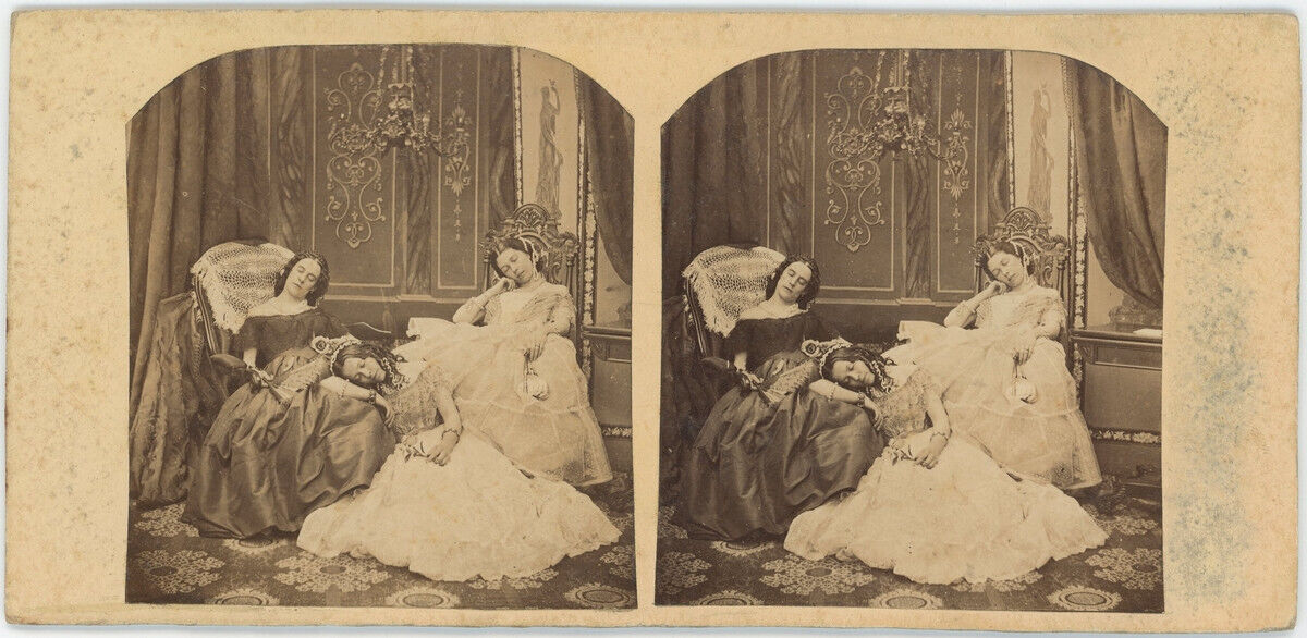 Stereo circa 1860. Genre scene. Sleeping Young Girls.