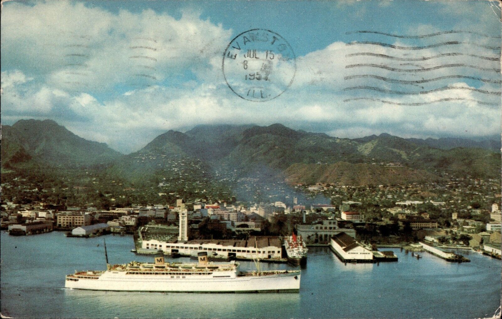 Lurline Bidding Aloha to Paradise of the Pacific Postcard 1957 Post Marked Ship