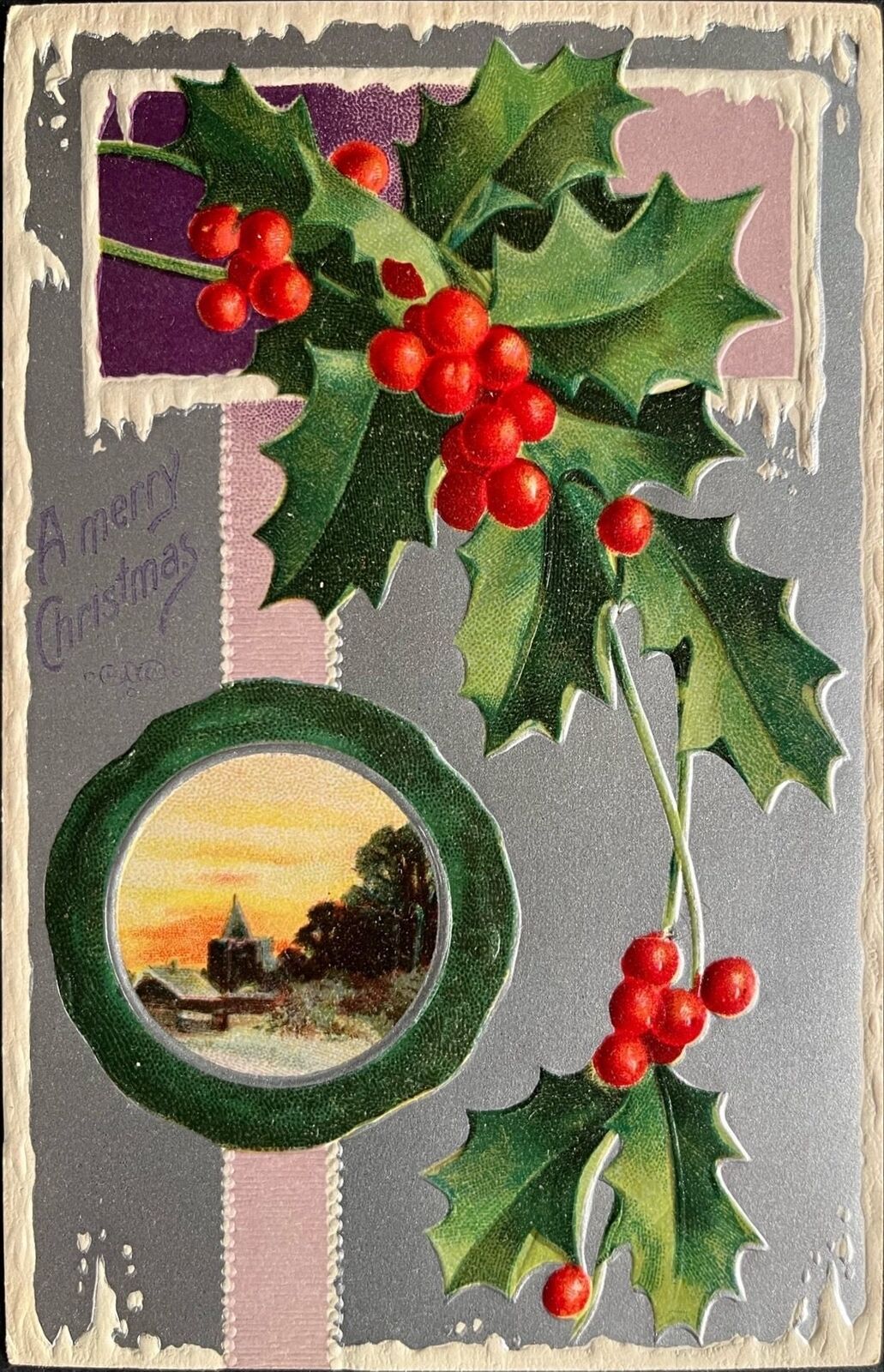 Neat Embossed, A Merry Christmas, Holly, 1910, Small view of village at sunset.