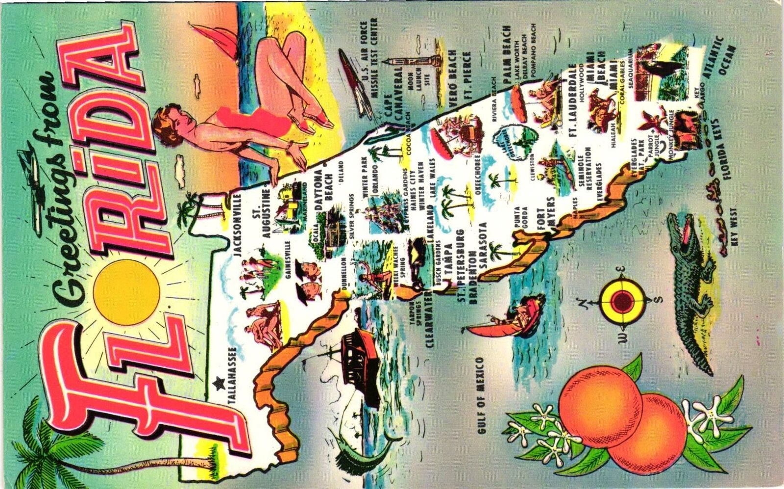 Vintage Postcard- Map, Greetings from, FL 1960s