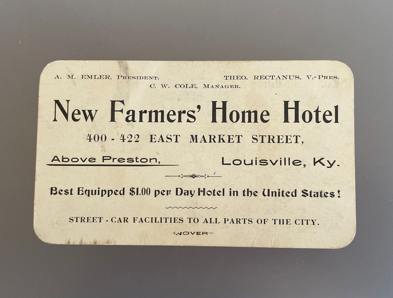 c1940\'s ADV Card NEW FARMERS\' HOME HOTEL, 400 E. MARKET ST. Louisville KY