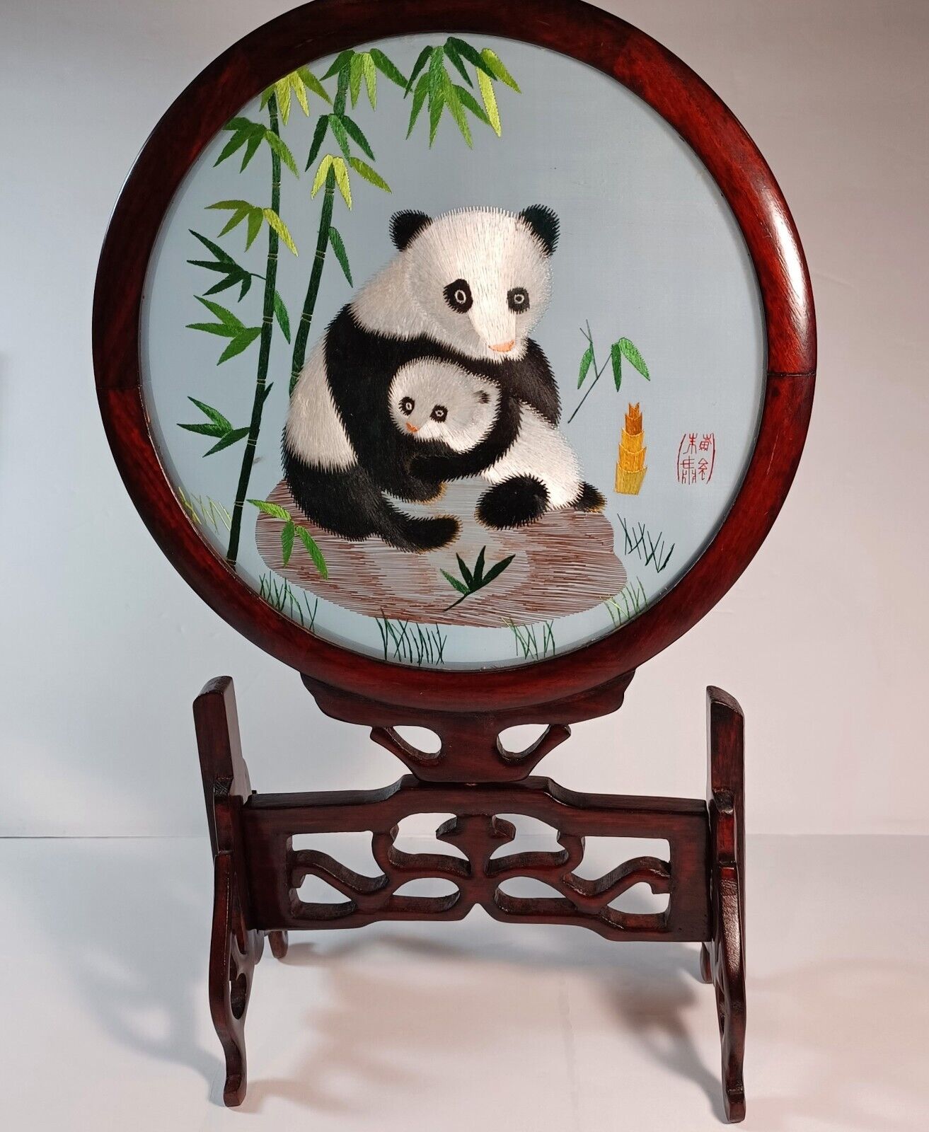 Chinese Double Sided Handmade Silk Embroidery Panda Bears Baby Swivel Wood Frame