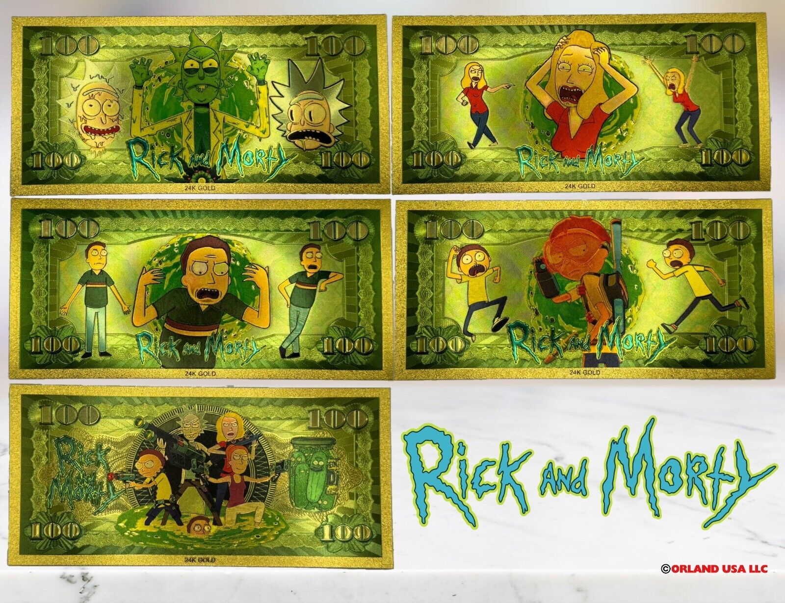 24k Gold Foil Plated Rick And Morty Banknote Warner Bros Cartoon Collectible
