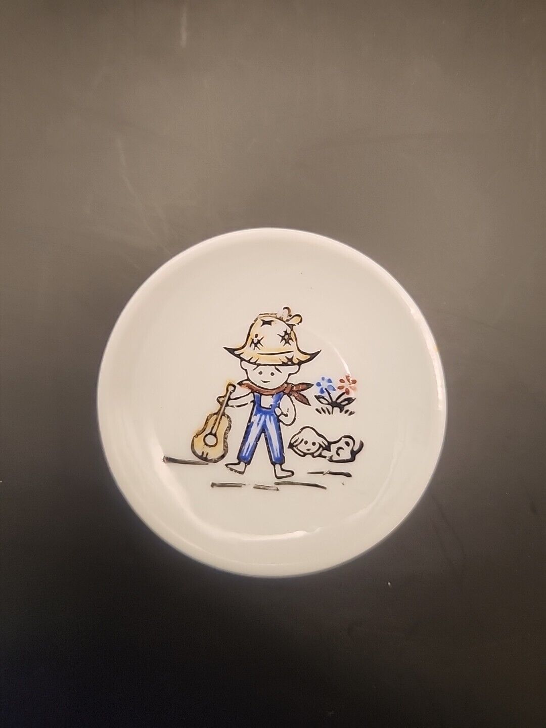Vintage Miniature China Plate~Made In Japan~Little Farm Boy with Guitar 2.5”