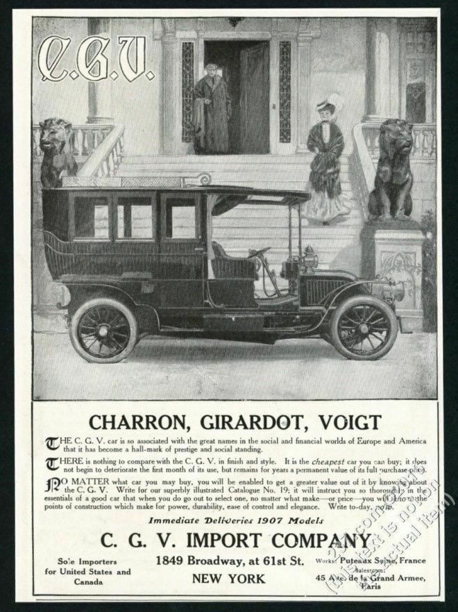 1907 Charron Girardot Voigt CGV enclosed car vintage print ad