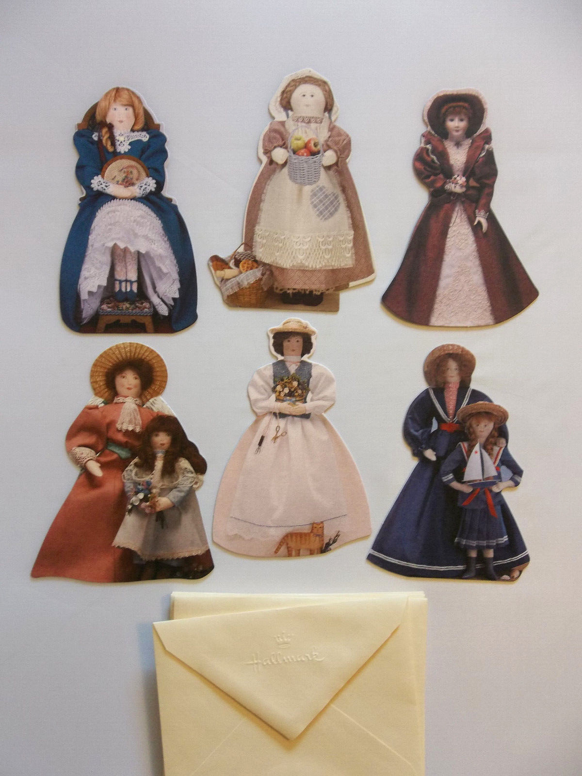 Vintage Hallmark Cards Paper Dolls Cloth Body Postcards with Envelopes Lot of 6