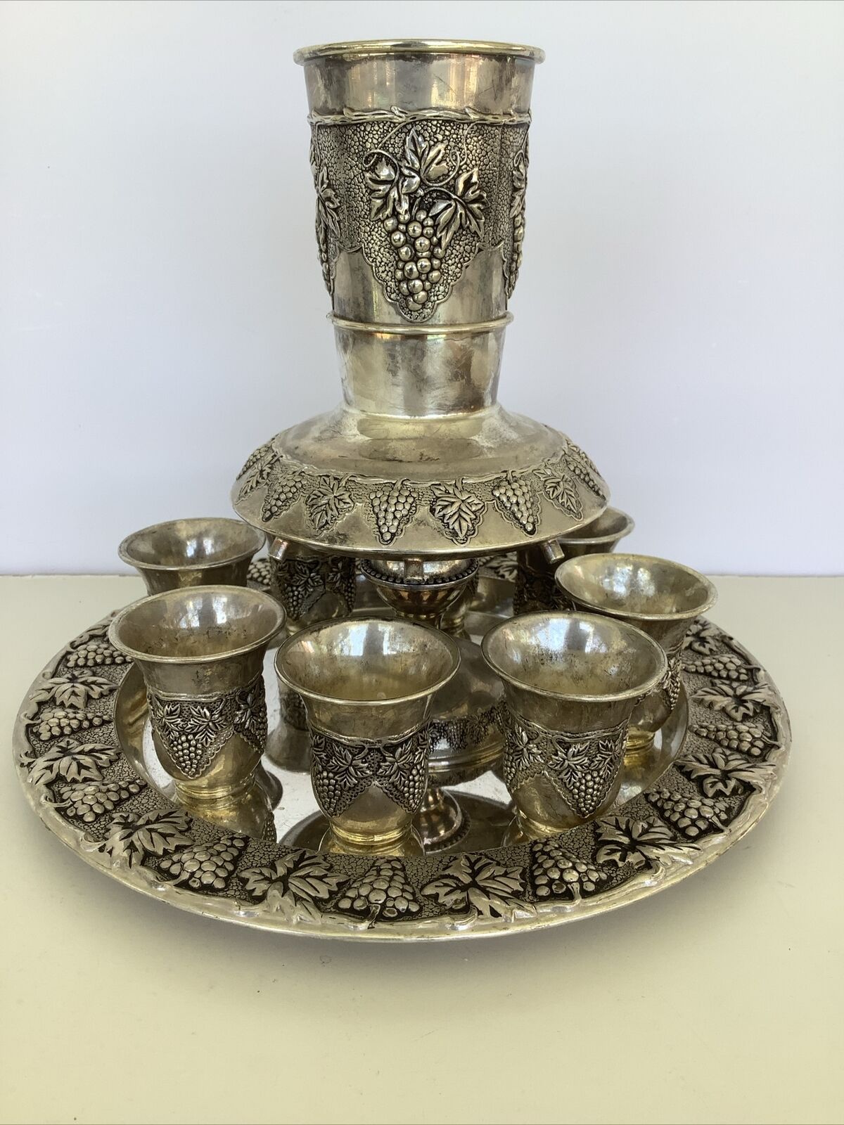 Vtg Karshi Judaica Silver Plated Kiddush Wine Fountain 8 Cups With Tray