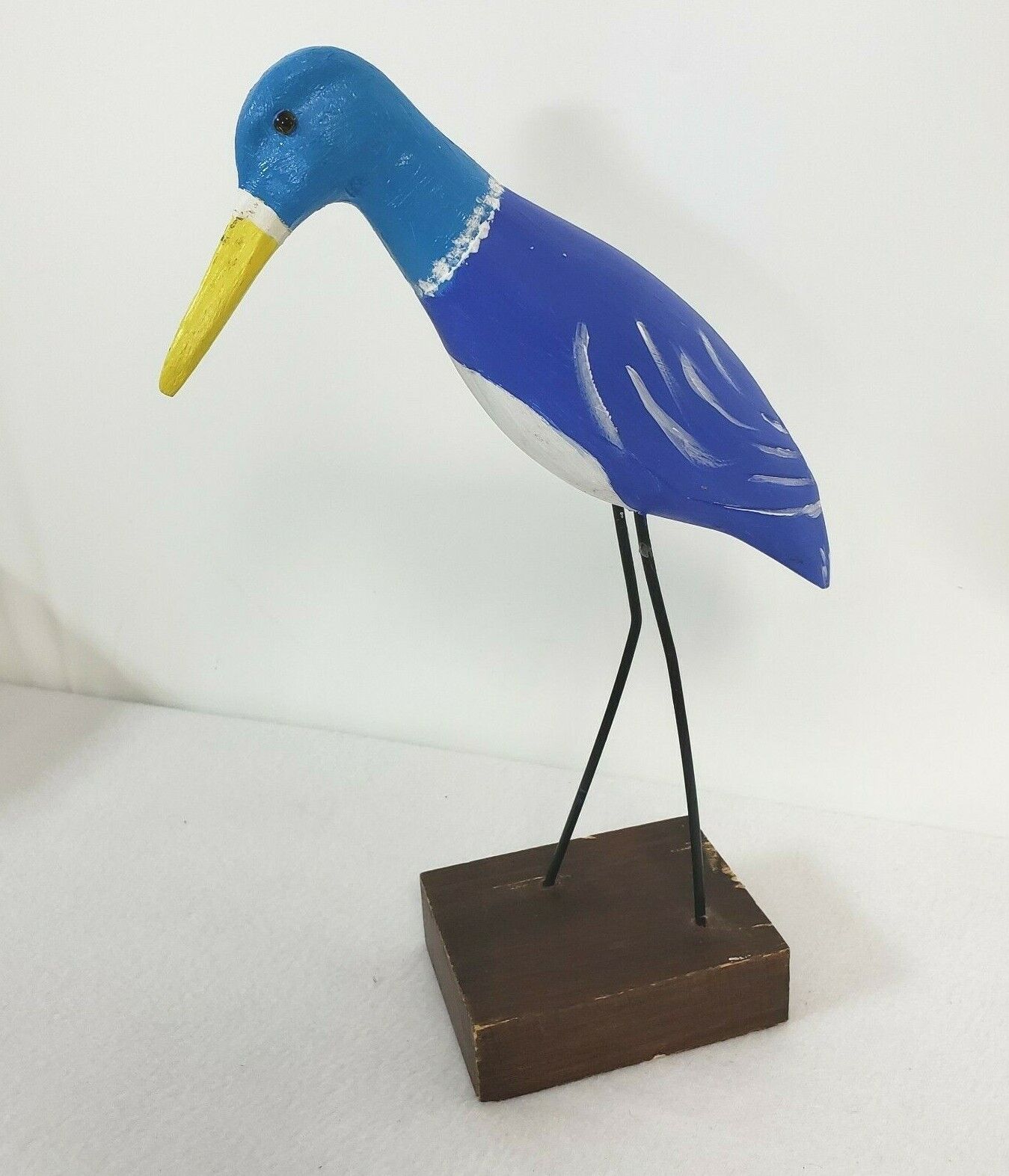 Vintage sculpture stork crane on metal legs set in wooden block painted 14in