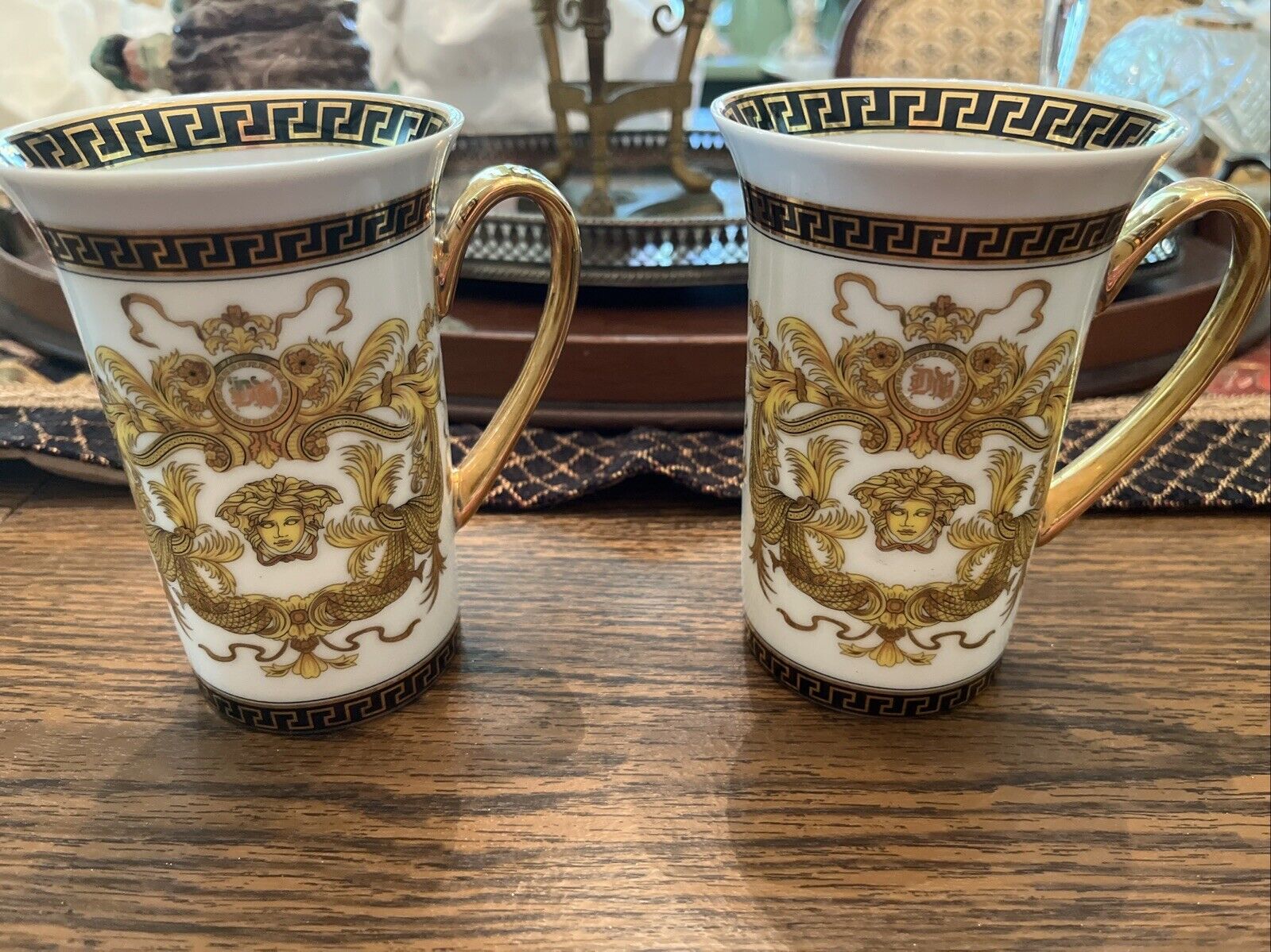 Pair of European Artisan Porcelain Versace Medusa Mugs Cups Mint Condition
