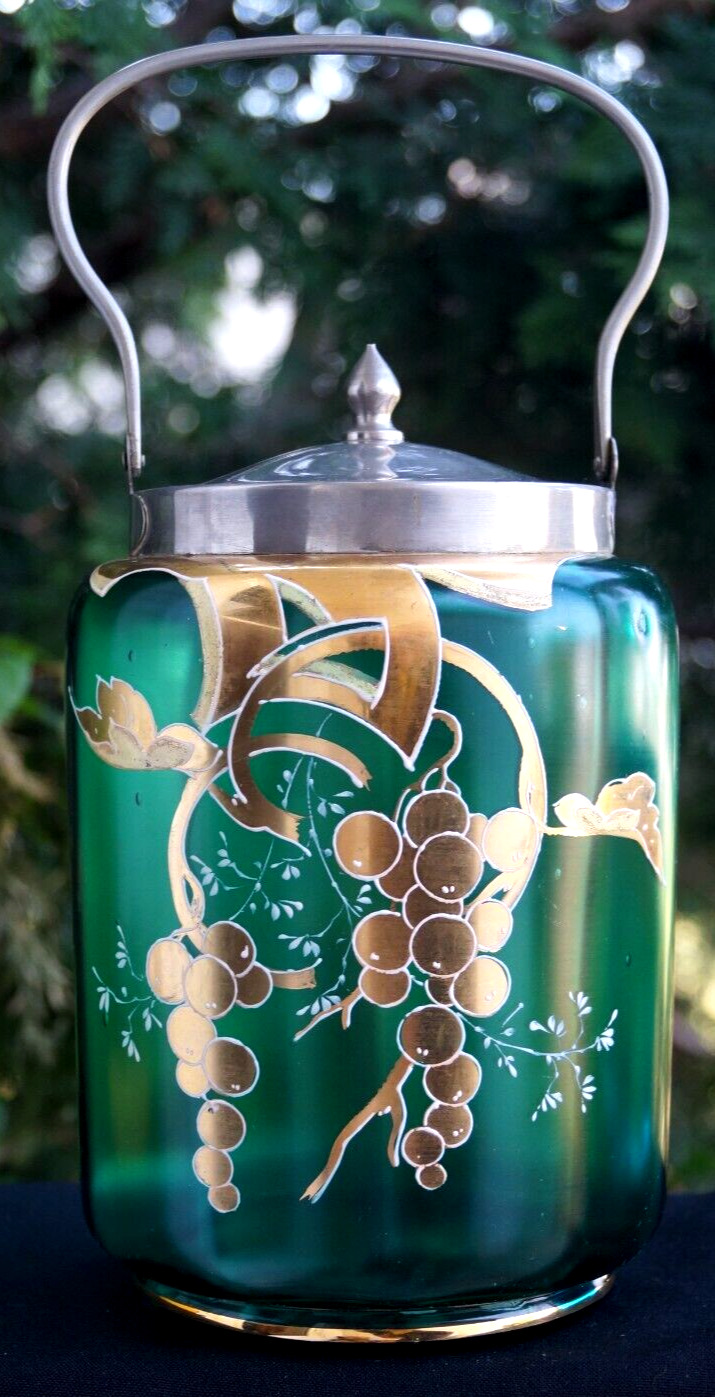 Antique 1900 Victorian Art Nouveau Art Glass Green Biscuit Jar - ORIGINAL