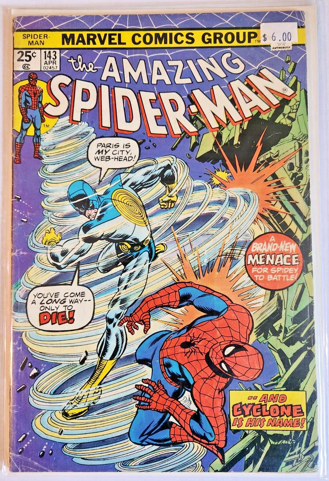 AMAZING SPIDER-MAN #143 1975 1st appearance of Cyclone First Pete/MJ kiss