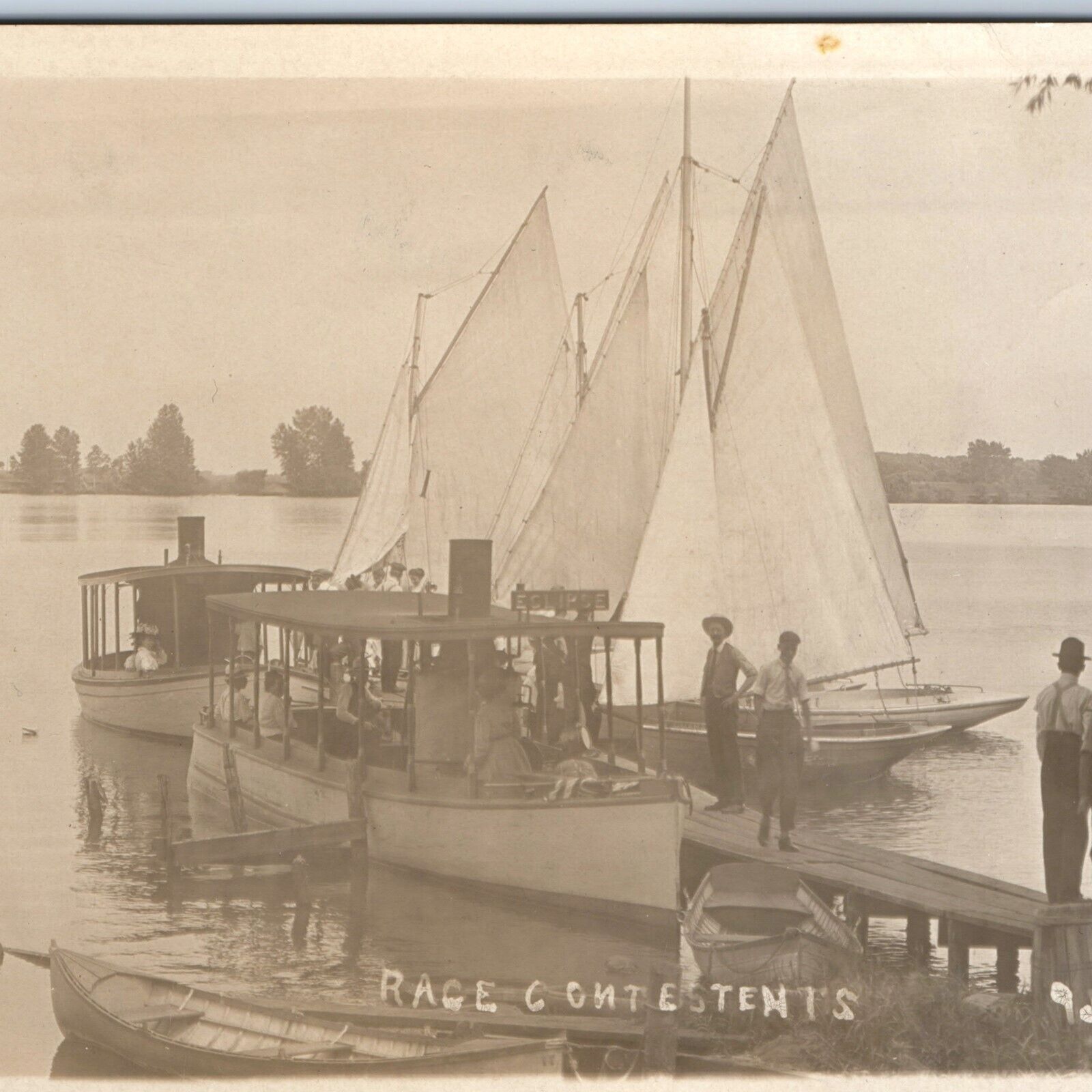 c1910s Boat Race Contestants RPPC Steam Sail Boat Lake Photo Eclipse Omaha A126