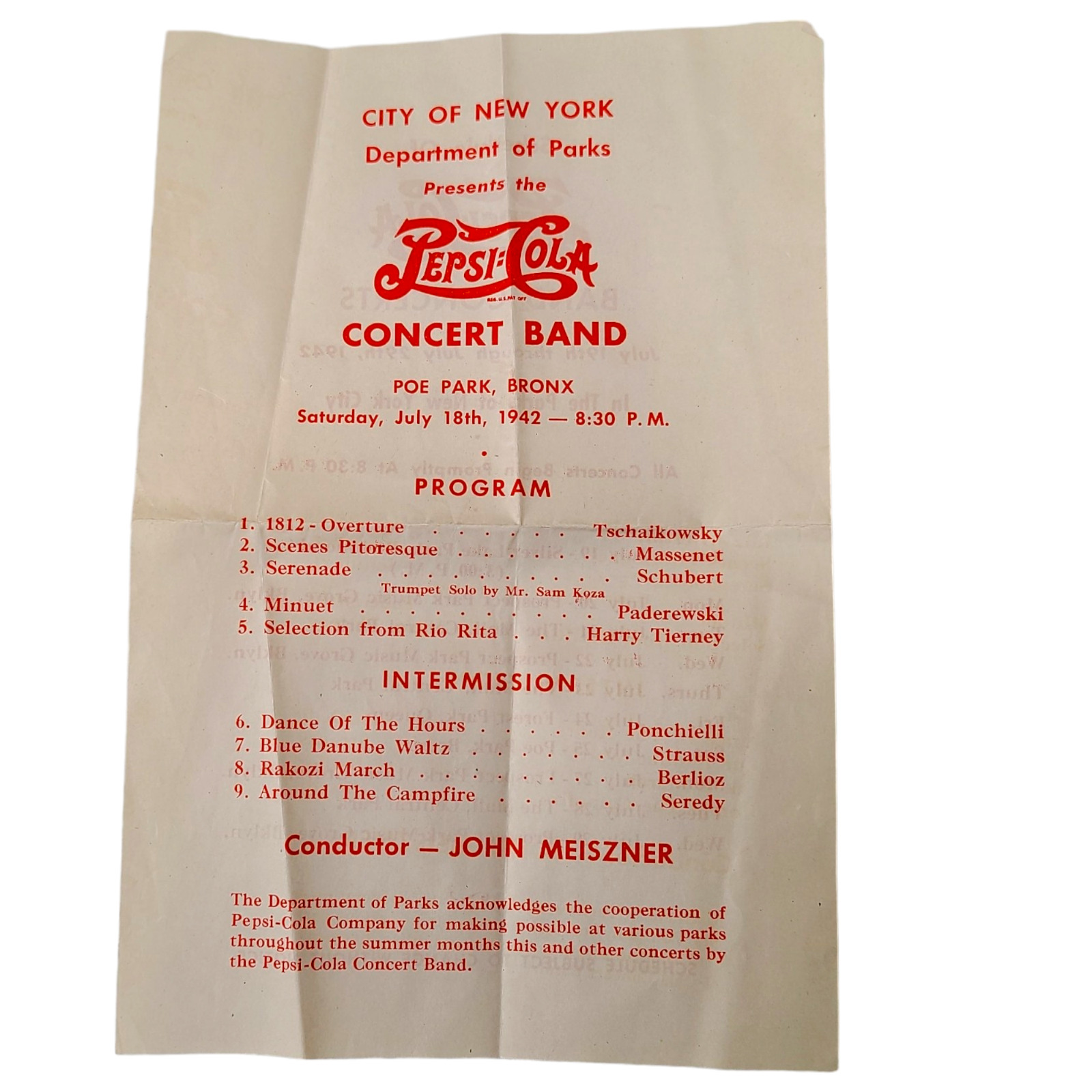 RARE 1942 Vintage PEPSI Concert Band Program BRONX NY Poe Park NYC 1940s WWII